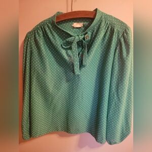Vintage Green & White Womens Polka Dot Tie Neck Blouse Top Shirt Med Lg Buttons